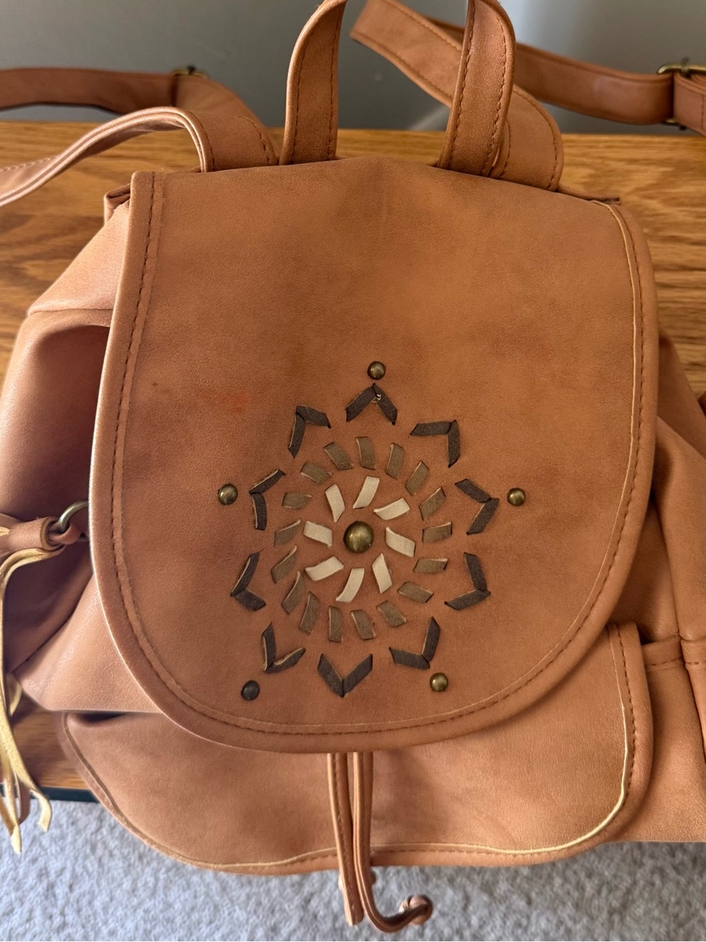 Tan Faux Leather Women’s Backpack — Decorative Cutout Design